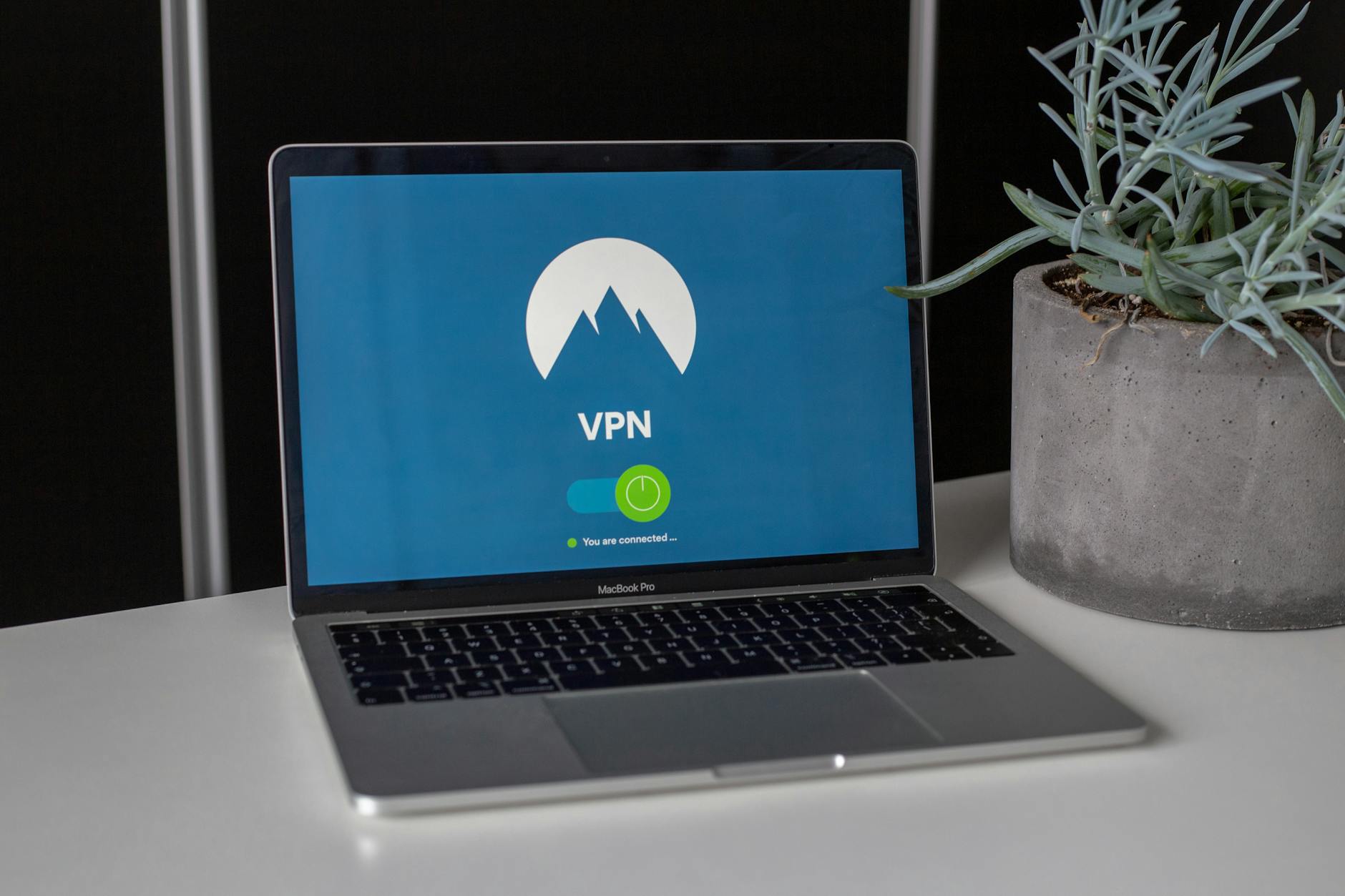 Laptop z ekranem VPN na biurku, obok mała roślina w doniczce